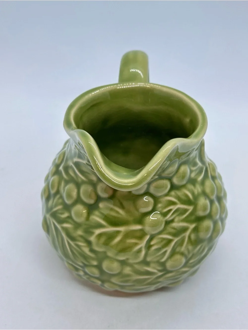 Vintage Green Grape Vine Ceramic Sugar Bowl with Lid and Creamer Set*Has Crazing